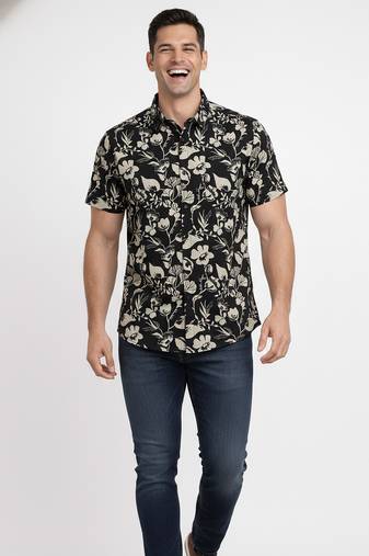 Black floral printed cotton shirt for men