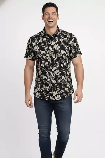 Black floral printed cotton shirt for men