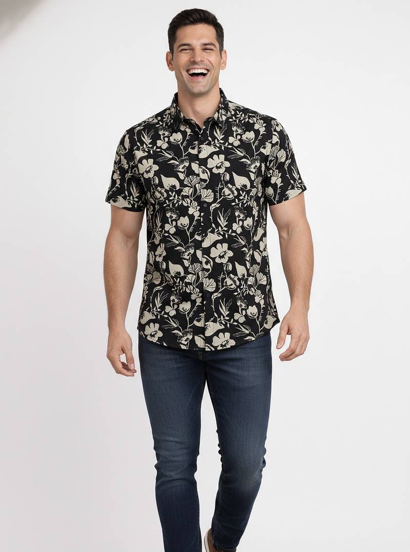 Black floral printed cotton shirt for men