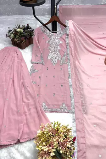 Pink faux georgette embroidered palazzo set