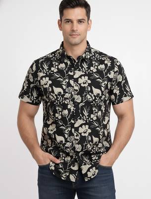 Black floral printed cotton shirt for men 2