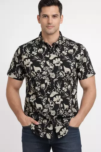 Black floral printed cotton shirt for men