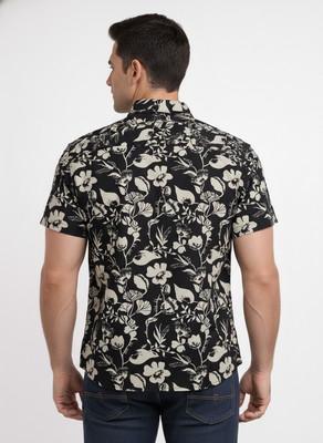 Black floral printed cotton shirt for men 3