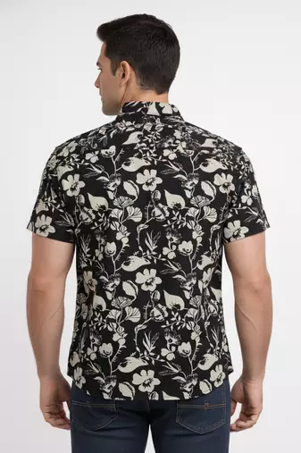 Black floral printed cotton shirt for men