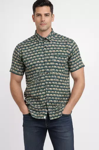 Green block print cotton casual shirt for men