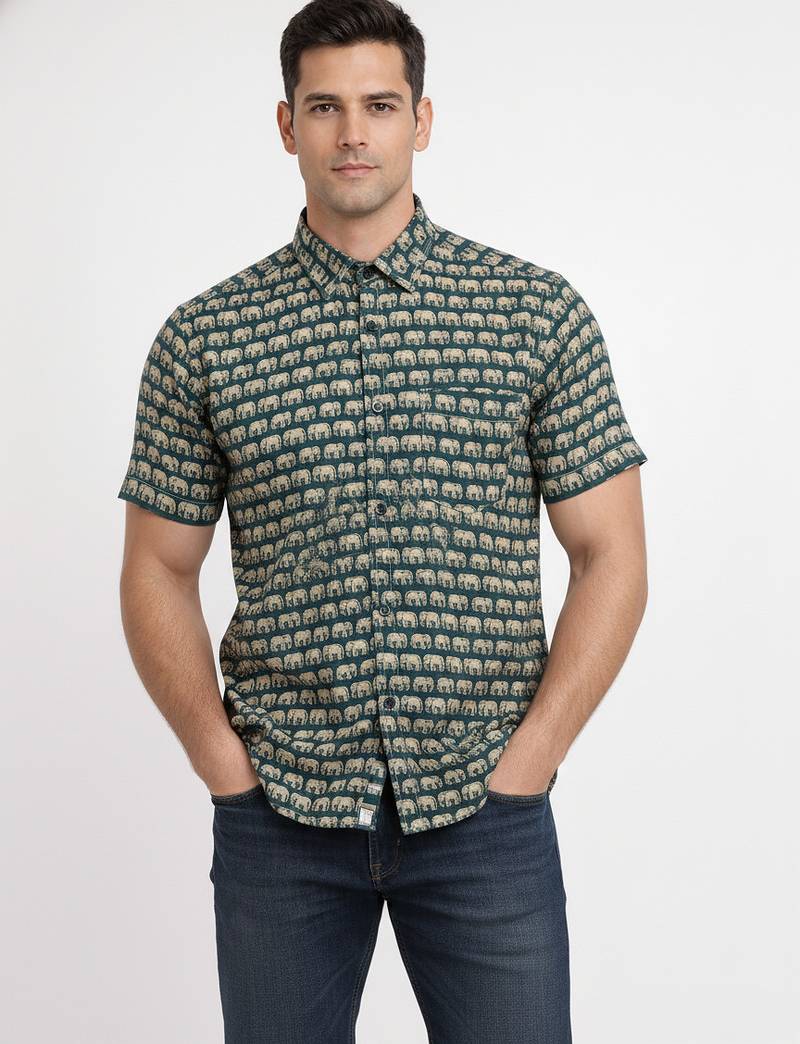 Green block print cotton casual shirt for men