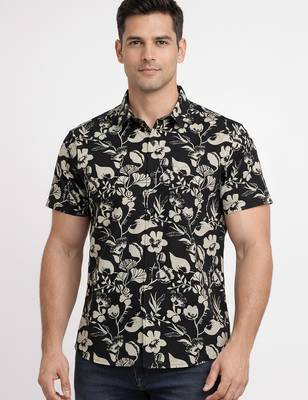 Black floral printed cotton shirt for men 4
