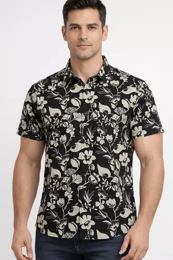 Black floral printed cotton shirt for men