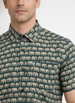 Green block print cotton casual shirt for men 2