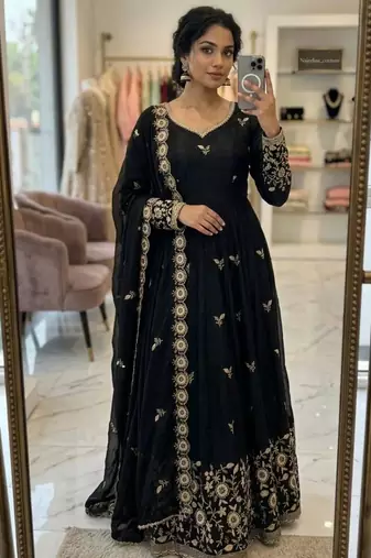 Black silk blend embroidered flared gown set