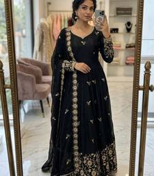 Black silk blend embroidered flared gown set