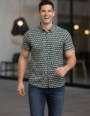 Green block print cotton casual shirt for men 3