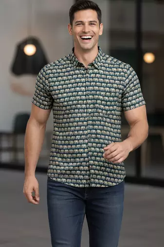 Green block print cotton casual shirt for men