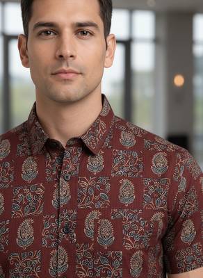 Maroon floral printed cotton shirt for men 2