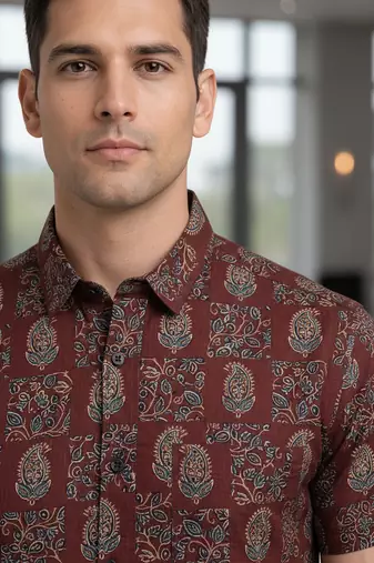 Maroon floral printed cotton shirt for men