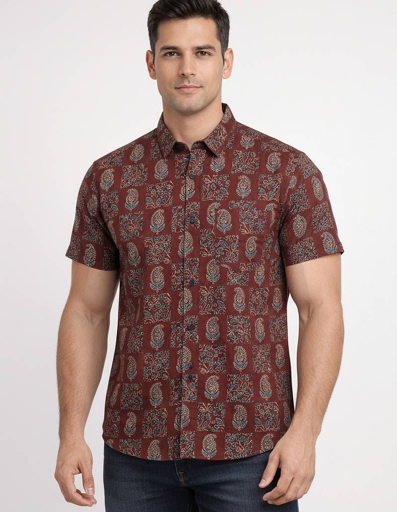 Maroon floral printed cotton shirt for men