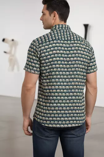 Green block print cotton casual shirt for men