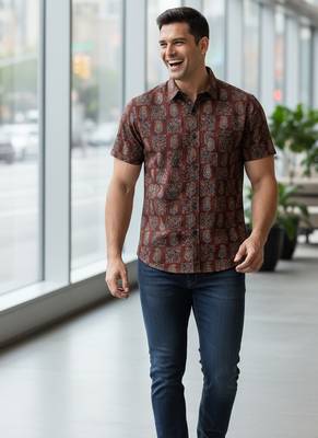 Maroon floral printed cotton shirt for men 3