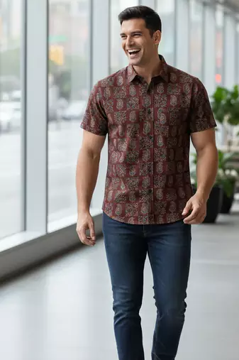 Maroon floral printed cotton shirt for men