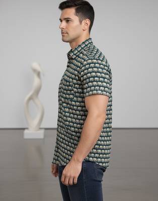 Green block print cotton casual shirt for men 5