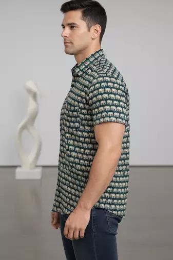 Green block print cotton casual shirt for men