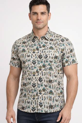 White block print cotton casual shirt for men