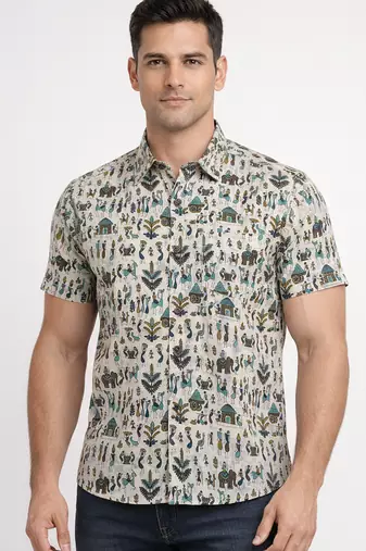 White block print cotton casual shirt for men