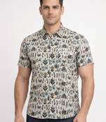 White block print cotton casual shirt for men
