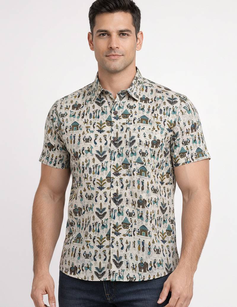 White block print cotton casual shirt for men