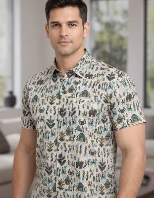 White block print cotton casual shirt for men 2