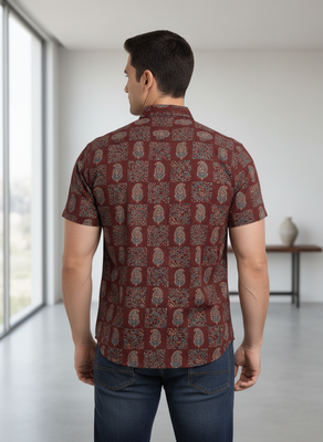 Maroon floral printed cotton shirt for men 4