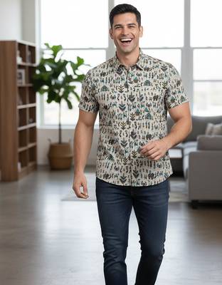White block print cotton casual shirt for men 3