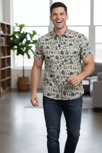 White block print cotton casual shirt for men