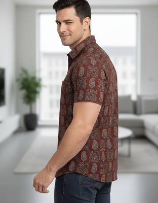 Maroon floral printed cotton shirt for men 5
