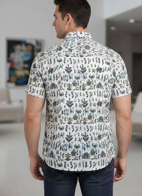 White block print cotton casual shirt for men 4