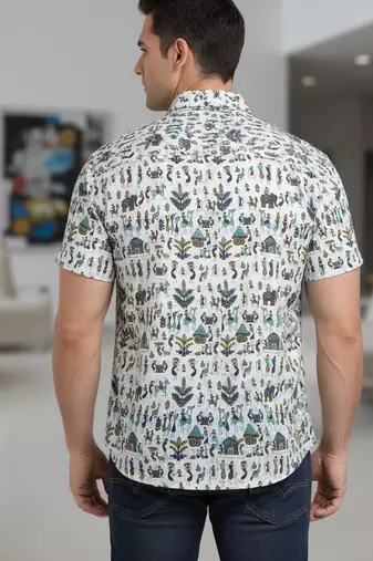 White block print cotton casual shirt for men