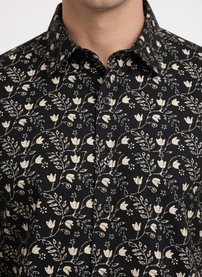 Black floral printed cotton shirt for men 2