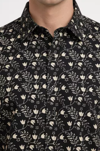 Black floral printed cotton shirt for men