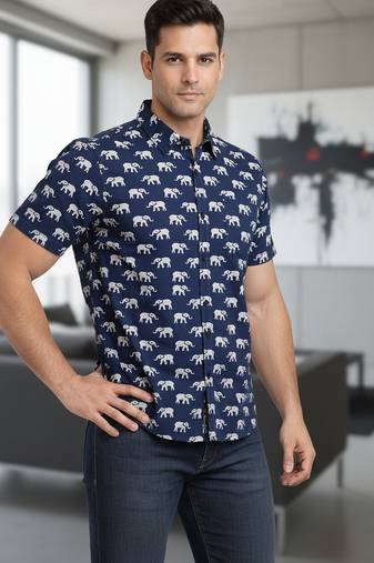 Blue block print cotton casual shirt for men