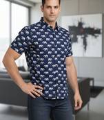 Blue block print cotton casual shirt for men