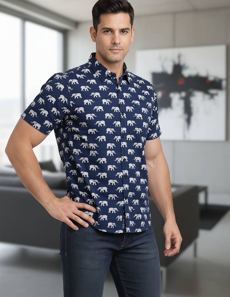 Blue block print cotton casual shirt for men
