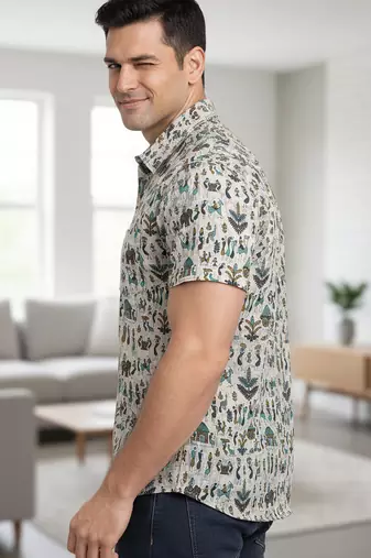 White block print cotton casual shirt for men