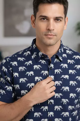 Blue block print cotton casual shirt for men