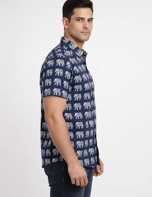 Blue block print cotton casual shirt for men 3