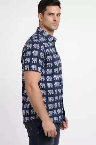 Blue block print cotton casual shirt for men