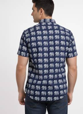 Blue block print cotton casual shirt for men 4