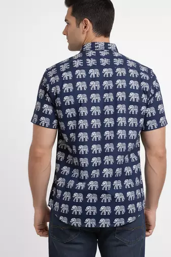Blue block print cotton casual shirt for men