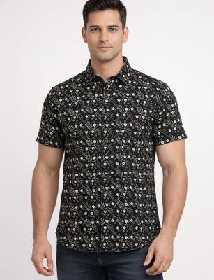 Black floral printed cotton shirt for men 1