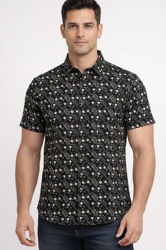 Black floral printed cotton shirt for men