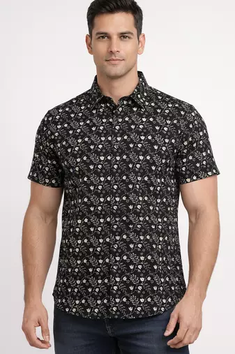 Black floral printed cotton shirt for men